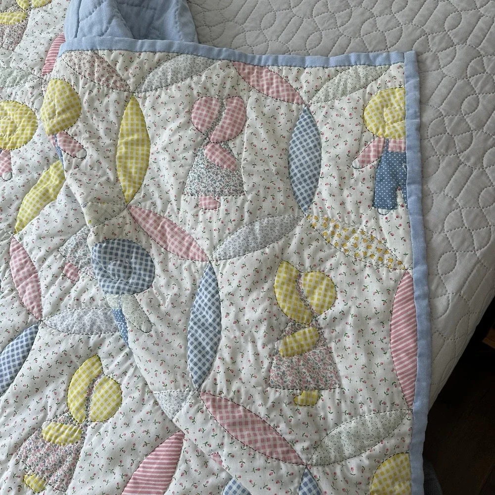Vintage Sunbonnet Sue Sam Quilt Handmade Hand stitched Cotton Blue Pink Yellow